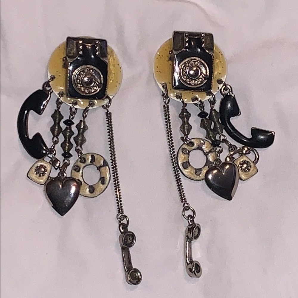 RARE Vintage Rotary Phone Drop Earrings w/Enamel